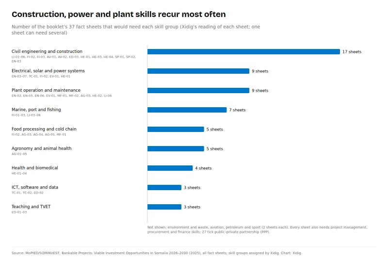 Bar chart of skill groups by number of booklet fact sheets that would need them: civil engineering and construction 17; electrical, solar and power 9; plant operation and maintenance 9; marine, port and fishing 7; food processing and cold chain 5; agronomy and animal health 5; health and biomedical 4; ICT, software and data 3; teaching and TVET 3.