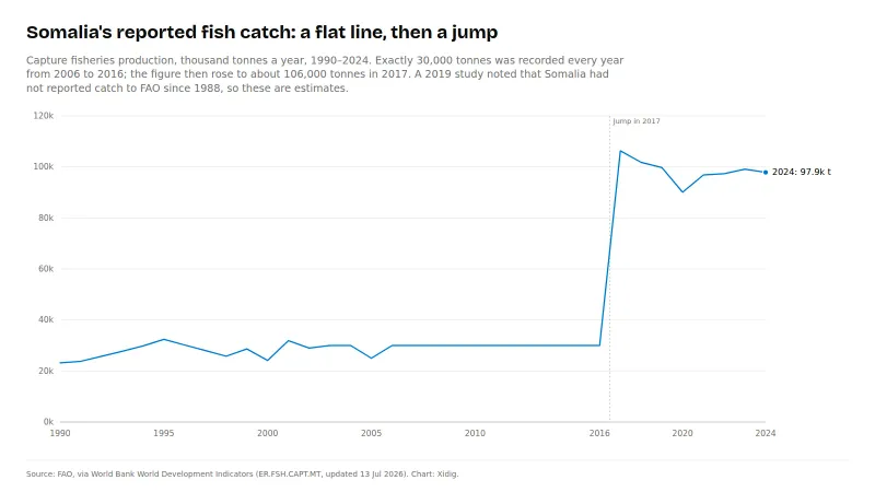 Line chart of Somalia's reported capture fisheries production, 1990–2024, in thousand tonnes: about 23 to 32 in the 1990s and early 2000s, exactly 30 every year from 2006 to 2016, then about 106 in 2017 and about 98 in 2024.